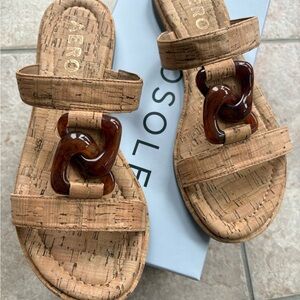 AEROSOLES Tan and Brown Sandals with Cork Footbed Geraldine Cork Combo